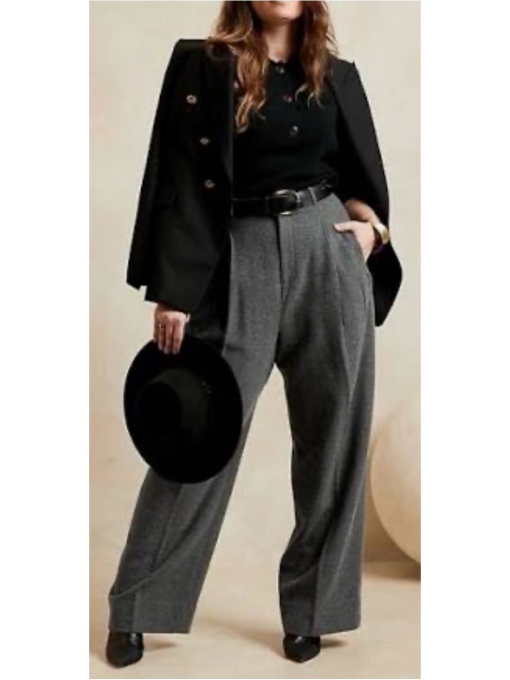 Banana Republic Grey Wool Herringbone Pleated Wide Leg High Rise Trousers~14